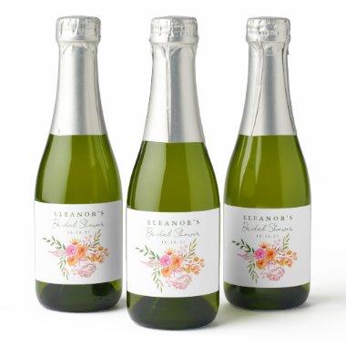 Cute Pink Orange Floral Watercolor  Sparkling Wine Label