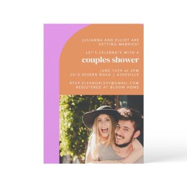 Cute Pink Orange Retro Arch Photo Couples Shower Invitations