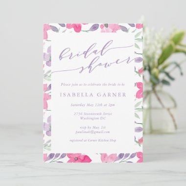 Cute Pink Purple Watercolor Flowers Bridal Shower Invitations