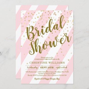 Cute Pink White Stripe Gold Confetti Bridal Shower Invitations