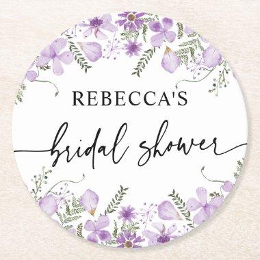 Cute Purple Florals Bridal Shower Round Paper Coaster