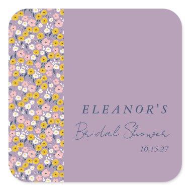 Cute Purple Yellow Floral Bridal Shower Custom Square Sticker