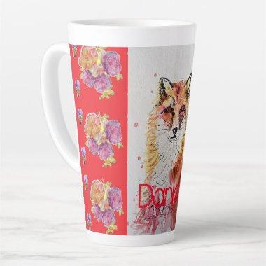 Cute Red Fox Animal Roses Watercolor Latte Mug