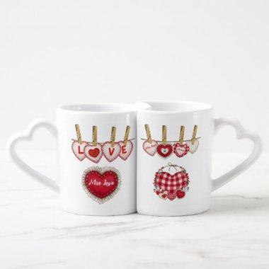 Cute red love heart design with watercolor coffee mug set