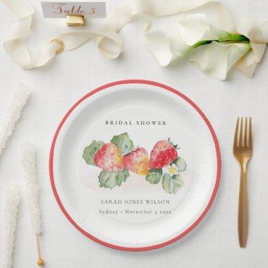 Cute Red Strawberry Leafy Foliage Bridal Shower Paper Plates