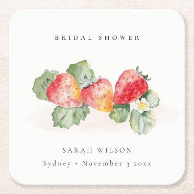 Cute Red Strawberry Leafy Foliage Bridal Shower Square Paper Coaster
