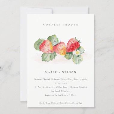 Cute Red Strawberry Leafy Foliage Couples Shower Invitations