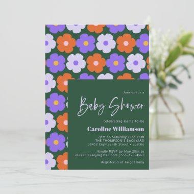 Cute Retro Flower Pattern Purple Green Baby Shower Invitations