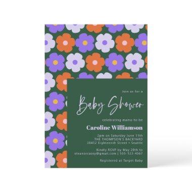 Cute Retro Flower Pattern Purple Green Baby Shower Invitations