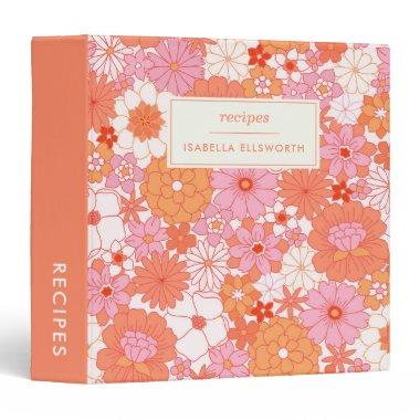 Cute Retro Pink Orange Floral Personalized Recipe 3 Ring Binder
