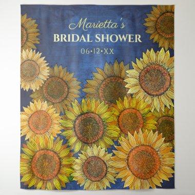 Cute Rustic Boho Sunflower Navy Blue Bridal Shower Tapestry