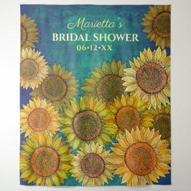 Cute Rustic Boho Sunflower Teal Blue Bridal Shower Tapestry