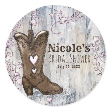 Cute Rustic Pink Cowgirl Heart Boots Bridal Shower Classic Round Sticker