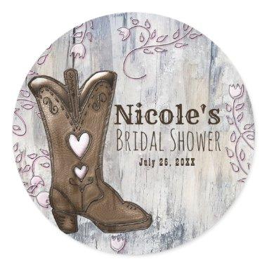 Cute Rustic Pink Cowgirl Heart Boots Bridal Shower Classic Round Sticker