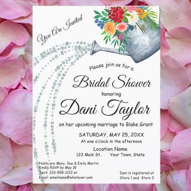 Cute Rustic Watering Can Floral Bridal Shower Invitations
