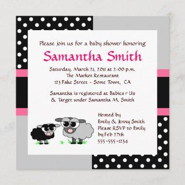 Cute Sheep Baby Shower Invitations Pink Black Grey