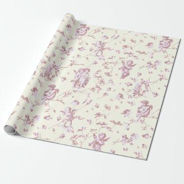 Cute Vintage Cherub Cupid Angels Pink Floral Toile Wrapping Paper