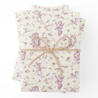 Cute Vintage Cherub Cupid Angels Pink Floral Toile Wrapping Paper Sheets