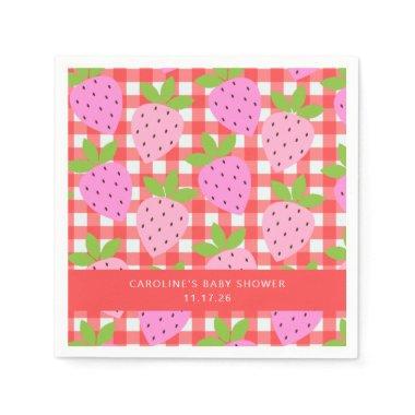 Cute Vintage Strawberry Plaid Custom Baby Shower Napkins