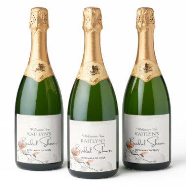 Cute Watercolor Orange & Gray Flower  Sparkling Wine Label