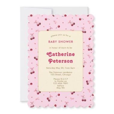 Cute Watercolor Pink Red Cherries, Hearts, Bows