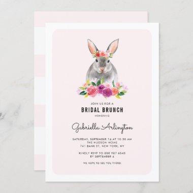 Cute Watercolor Rabbit Pink Floral Bridal Brunch Invitations