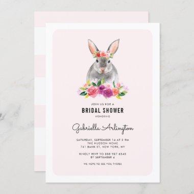 Cute Watercolor Rabbit Pink Floral Bridal Shower Invitations