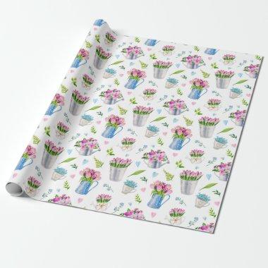 Cute Watercolor Spring Flower Pattern Happy Easter Wrapping Paper