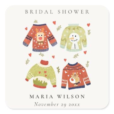 Cute Winter Heart Leafy Ugly Sweater Bridal Shower Square Sticker