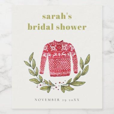 Cute Winter Red Green Ugly Sweater Bridal Shower Wine Label