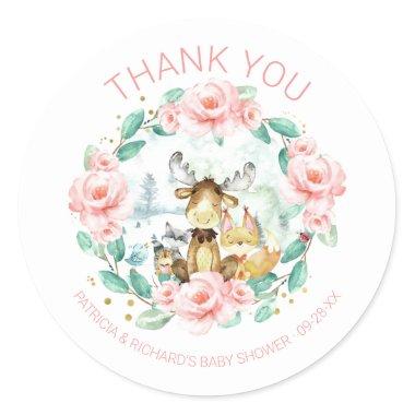 Cute Woodland Animals Floral Greenery Baby Shower Classic Round Sticker