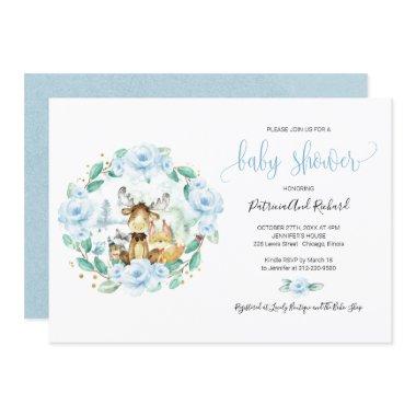 Cute Woodland Animals Floral Greenery Baby Shower Invitations