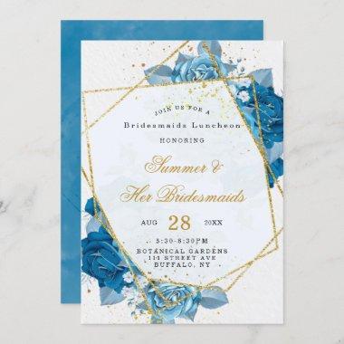 Cyan Blue Floral Geometric Bridesmaids Luncheon Invitations