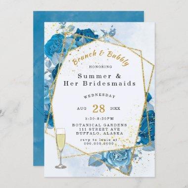 Cyan Blue Gold Geometric Brunch and Bubbly Invitations