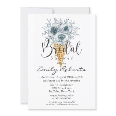 Cyan Blue Tan Peony Ice Cream Cone Bridal Shower I Invitations