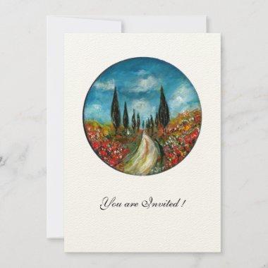 CYPRESS TREES AND POPPIES IN TUSCANY,red blue felt Invitations
