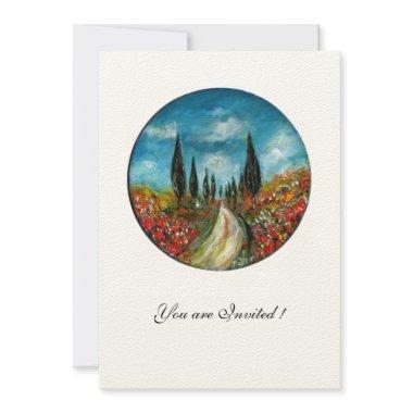 CYPRESS TREES AND POPPIES IN TUSCANY,red blue felt