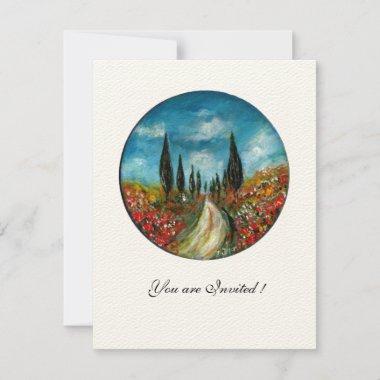 CYPRESS TREES AND POPPIES IN TUSCANY,red blue felt Invitations