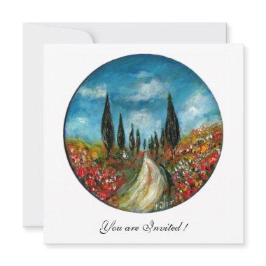 CYPRESS TREES AND POPPIES IN TUSCANY, red blue