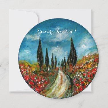 CYPRESS TREES AND POPPIES IN TUSCANY, red blue Invitations