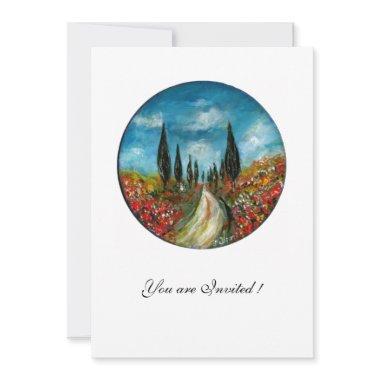 CYPRESS TREES AND POPPIES IN TUSCANY, red blue Invitations