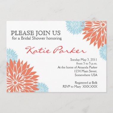 Dahlia Coral and Light blue Flower Invitations