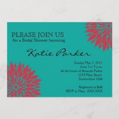 Dahlia Coral and teal Flower Invitations