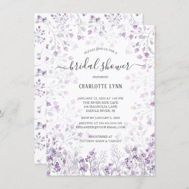Dainty Purple Watercolor Flowers Bridal Shower Invitations