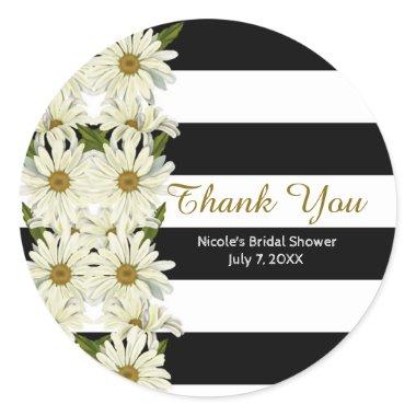 Daisies & Black White Stripes Modern Floral Classic Round Sticker