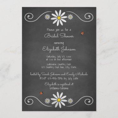 Daisies Ladybugs Rustic Chalkboard Bridal Shower Invitations
