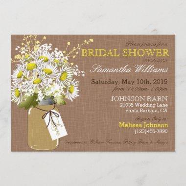 Daisies Mason Jar Burlap Rustic Bridal Shower Invitations