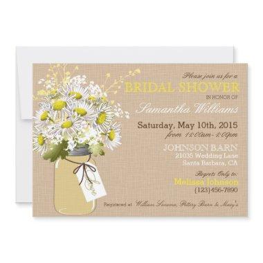 Daisies Mason Jar Burlap Rustic Bridal Shower Invitations