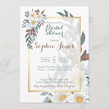 Daisies White Floral Gold Bridal Shower Invitations