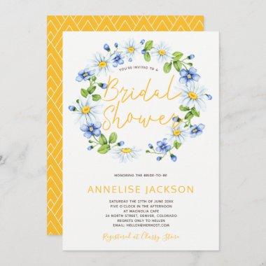 Daisies wreath yellow blue bridal shower Invitations